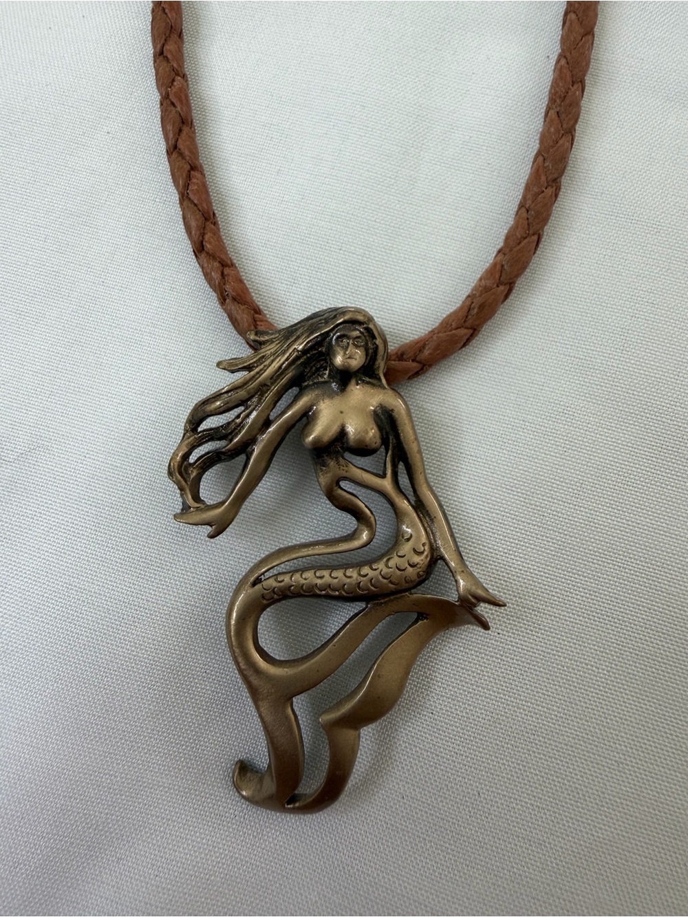 Bronze Mermaid Pendant Necklace with Brown Braided Cord